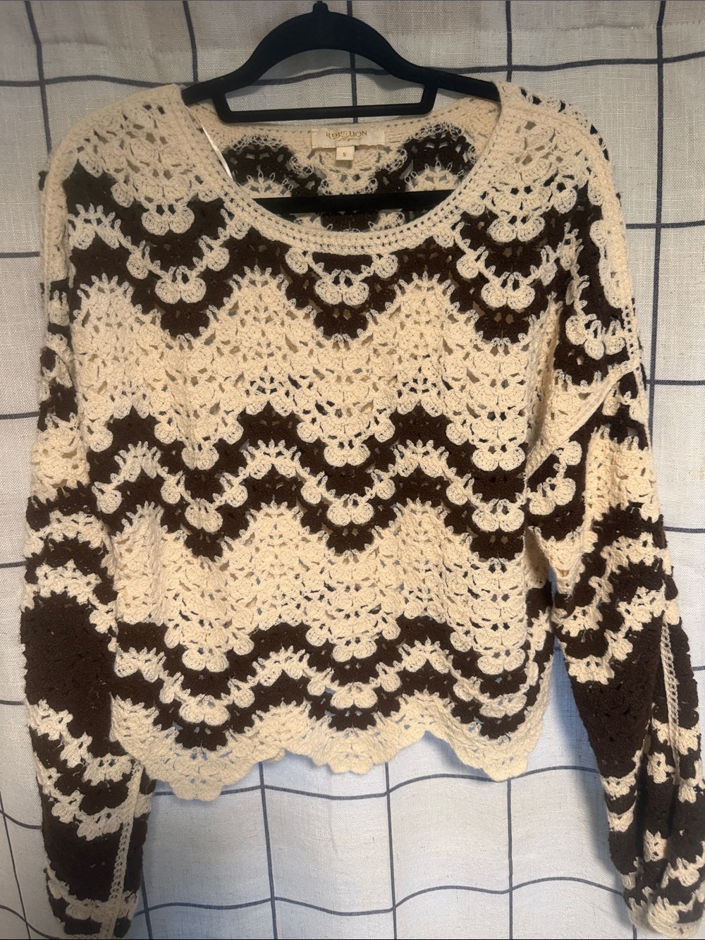 Rebellion Cream and Brown Crochet Wave Crewneck Sweater